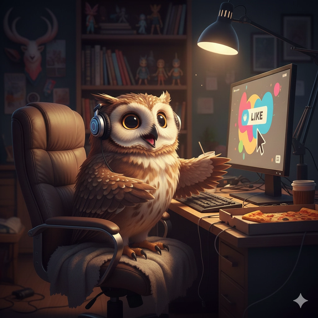 Eine niedliche Eule mit Kopfhörern sitzt in einem gemütlichen Zimmer an einem Schreibtisch vor einem Computerbildschirm, der ein Like-Symbol zeigt.